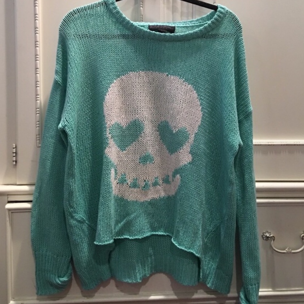 Mint Green Skull Print, Cropped Sweater - Large